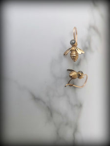 14k Gold Petite Queen Bee Earrings set with Salt and Pepper Diamonds