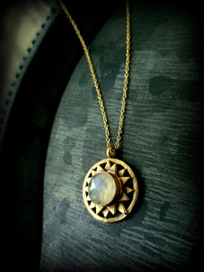 Celeste Necklace, crafted in solid 14k Gold set with a rosecut Moonstone,  Star and Moon energies combine in one amulet