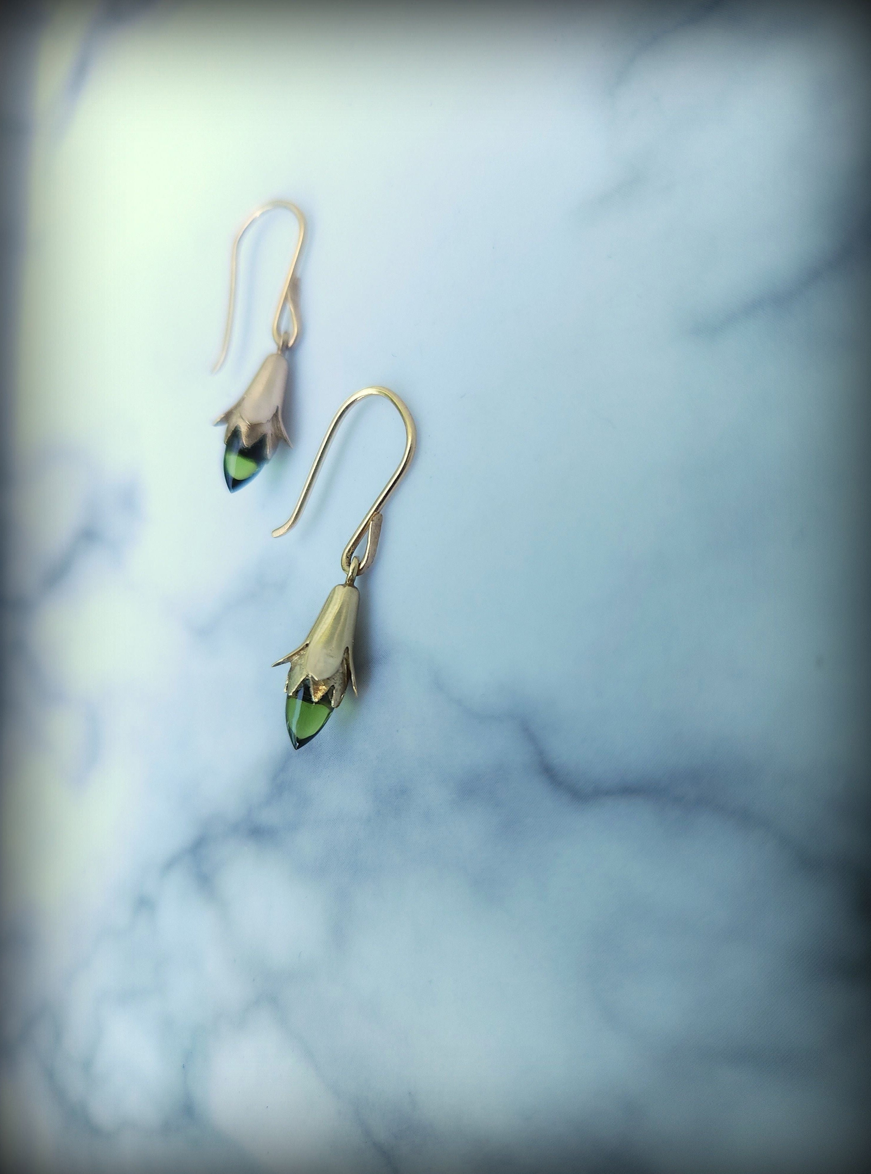 14k Gold and Green Tourmaline Bud Earrings, Ear wires