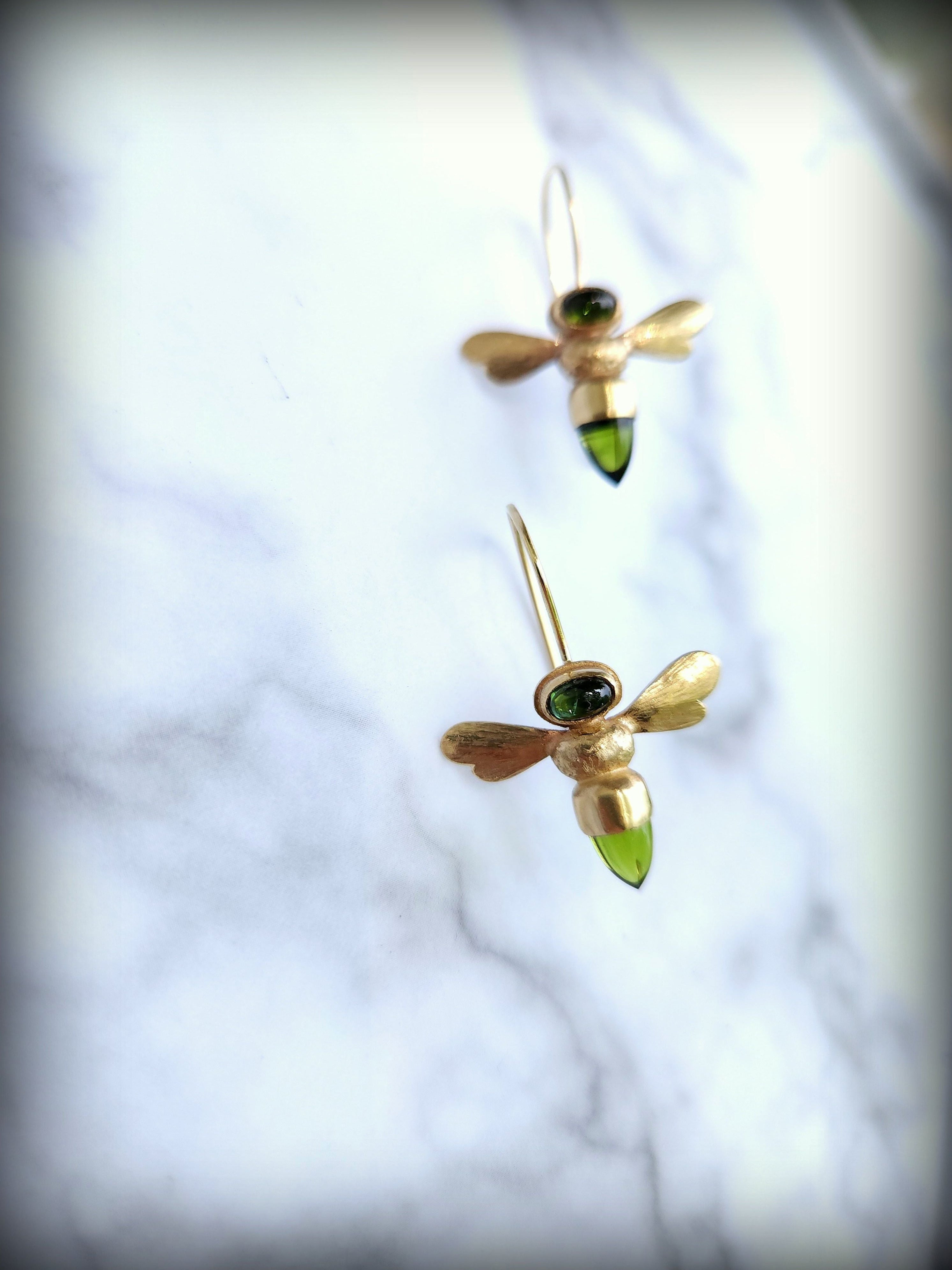 All Green Tourmaline and 14k Gold Zephrum Bee Earrings
