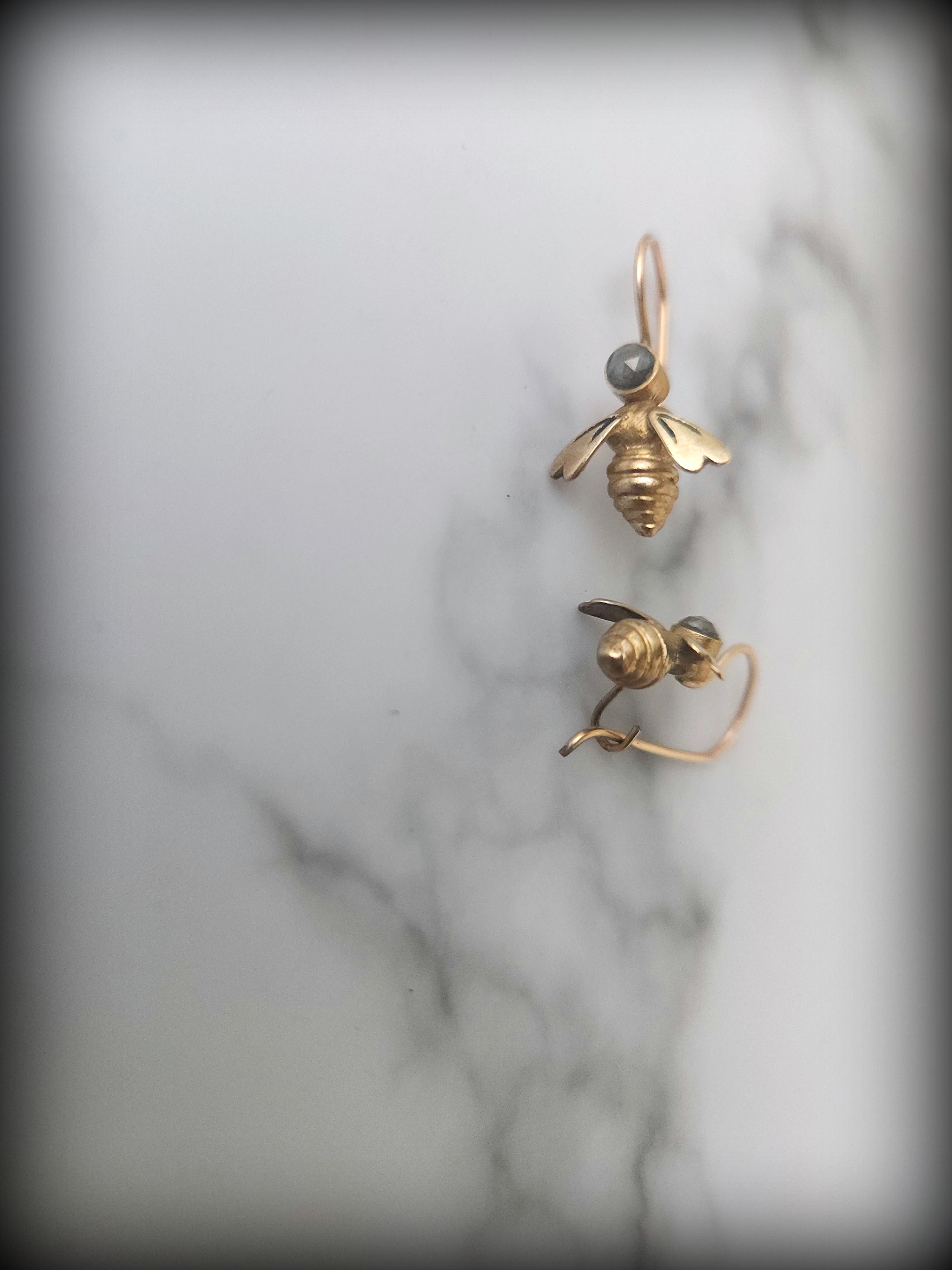 14k Gold Petite Queen Bee Earrings set with Salt and Pepper Diamonds