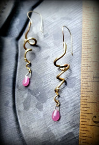 14k Gold Spiral Vine Earrings, Ruby Briolettes