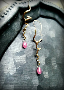 14k Gold Spiral Vine Earrings, Ruby Briolettes