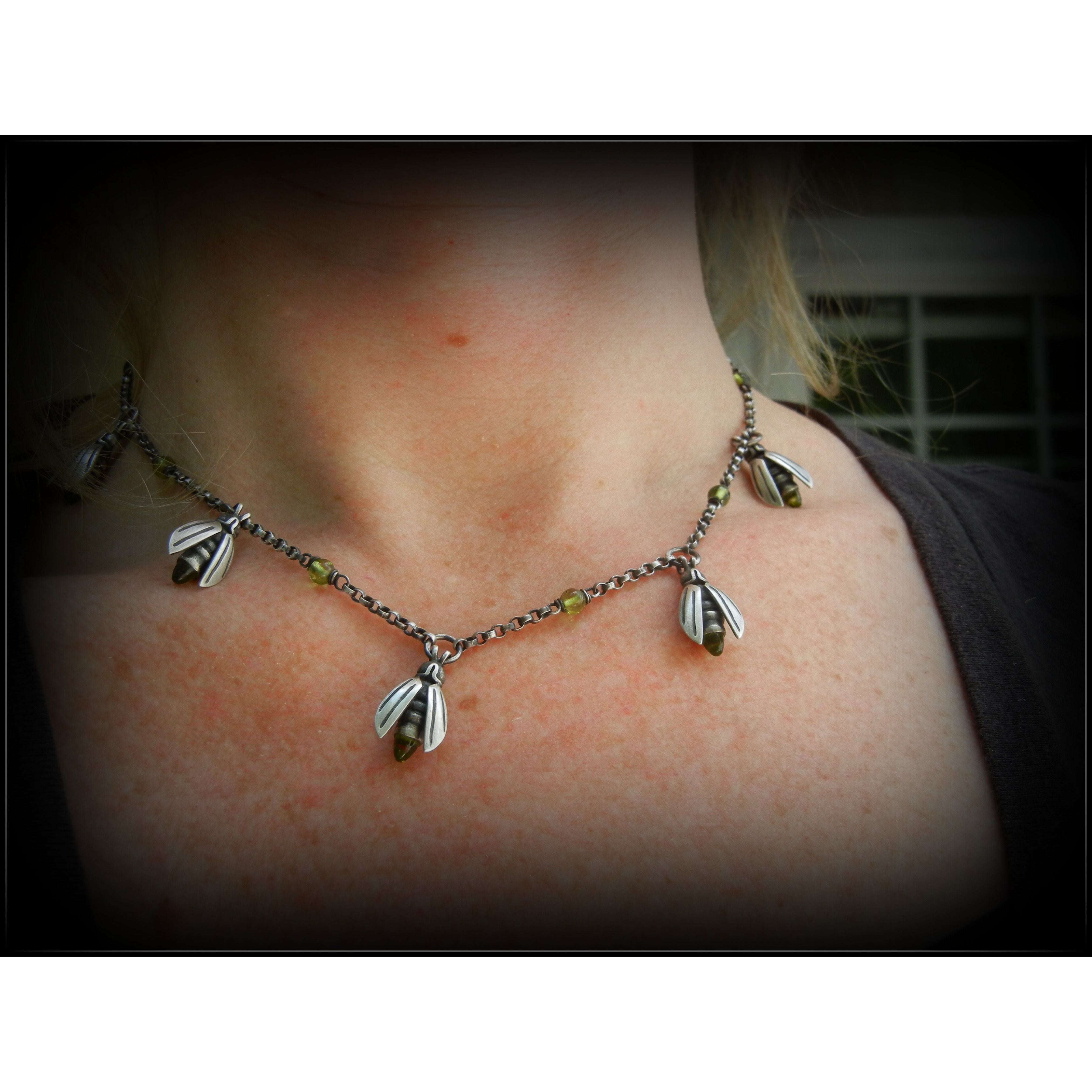 Sterling Firefly Statement Necklace, Five Fireflies