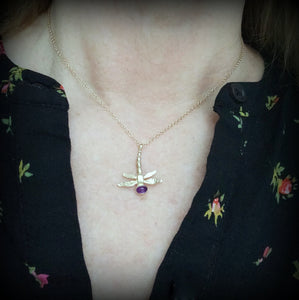 14k Gold Gemstone Dragonfly Necklace