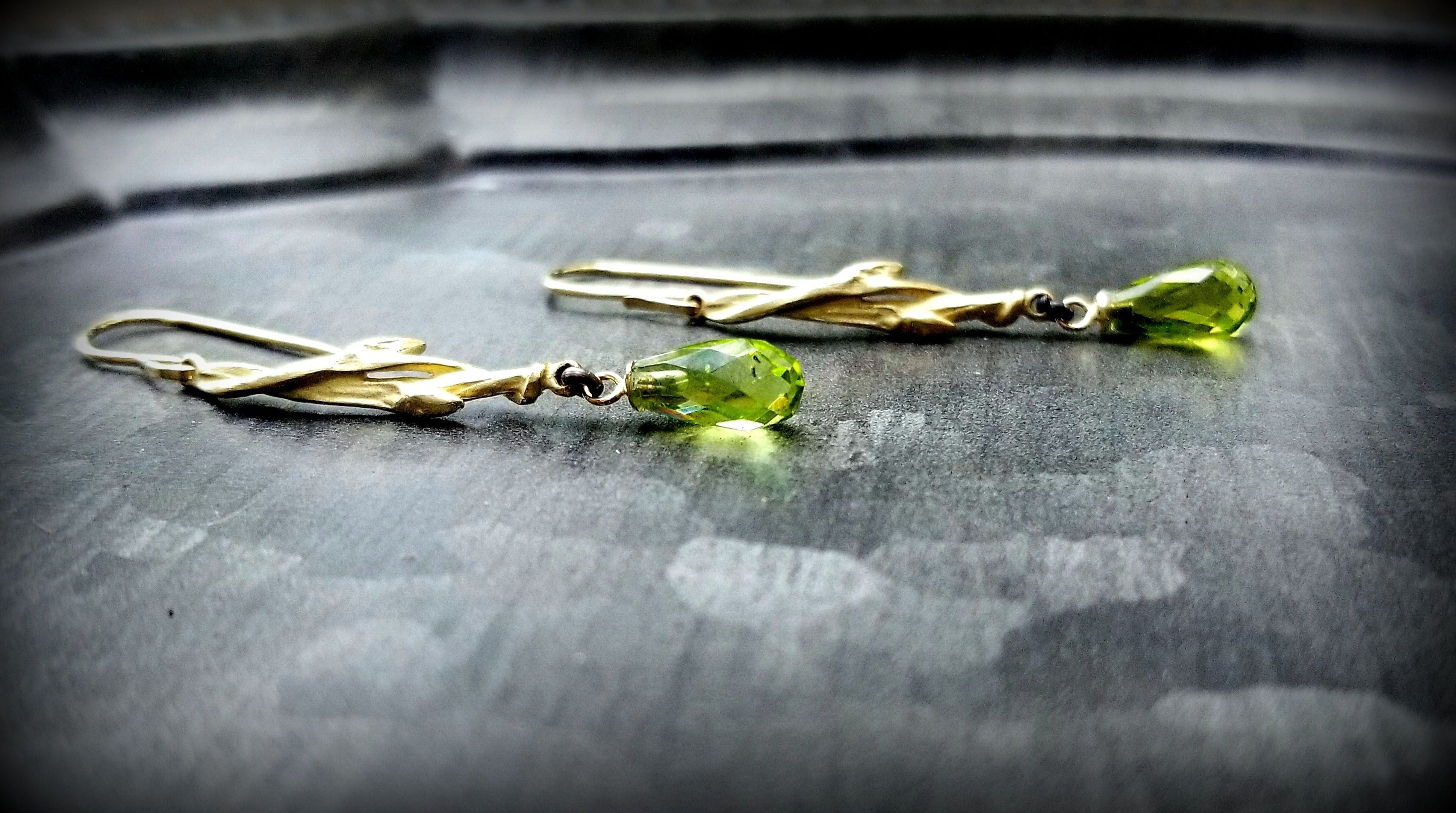 14k Gold Budding Branches Earrings, Peridot Briolettes