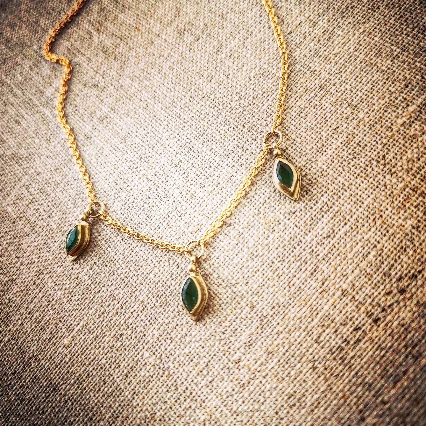 14k Gold Emerald Devi Leaves Trio Necklace