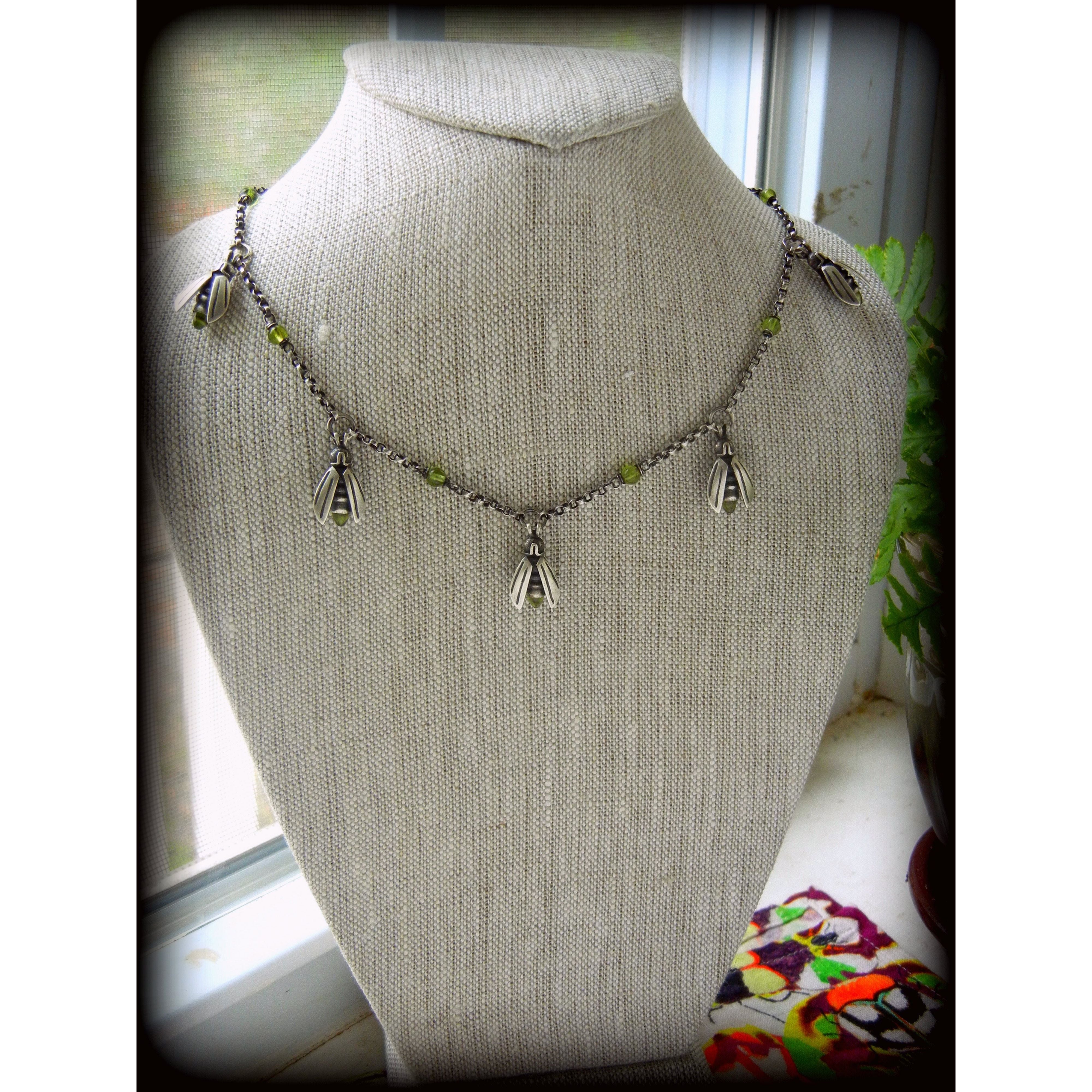 Sterling Firefly Statement Necklace, Five Fireflies