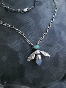 Opal and Chalcedony Solitary Bee Necklace on Paperclip Chain
