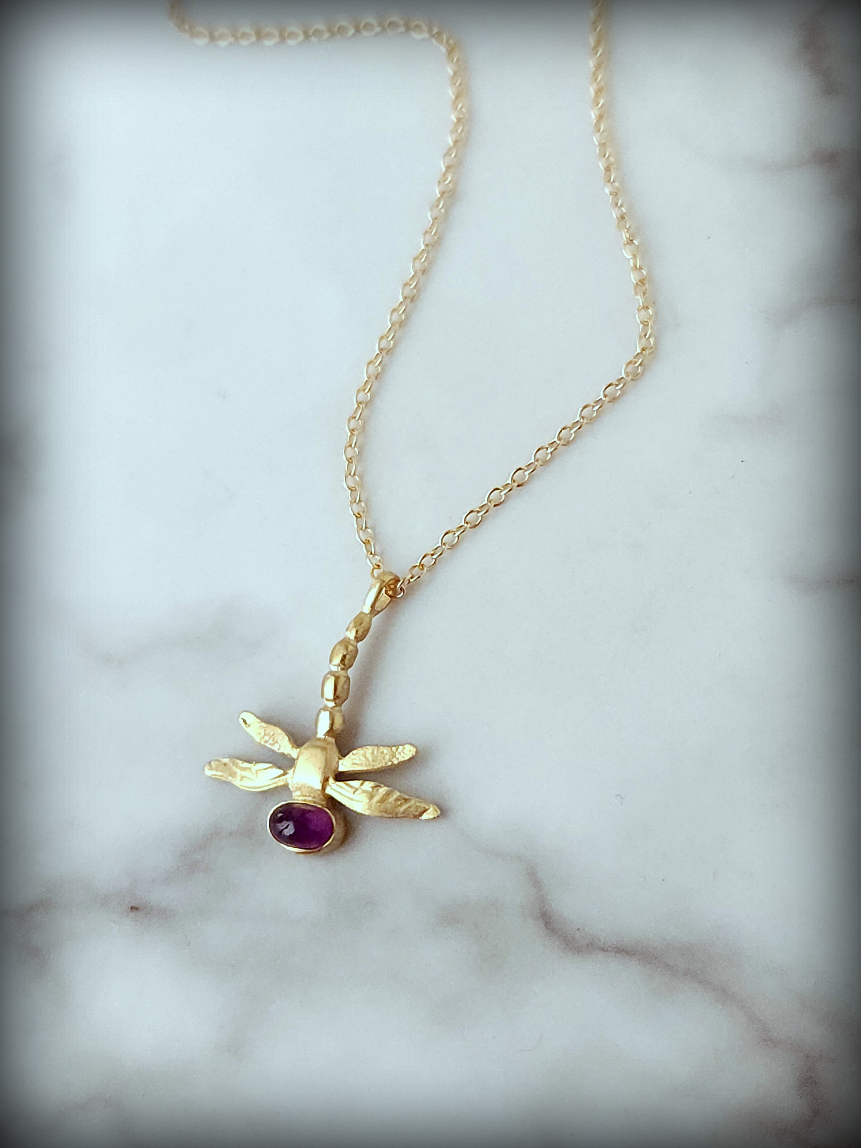 14k Gold Gemstone Dragonfly Necklace