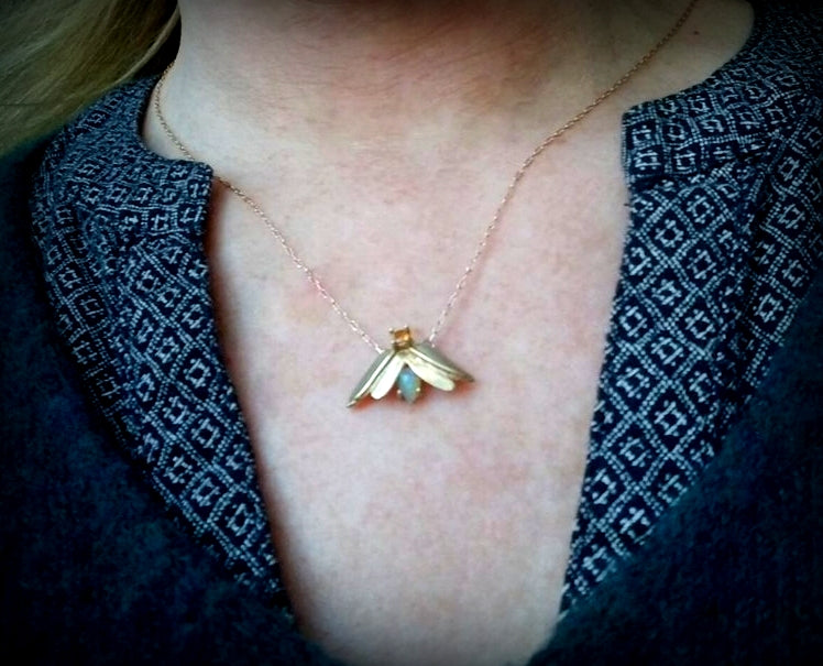 Twilight Firefly Necklace, 14k Gold, Two Gemstones