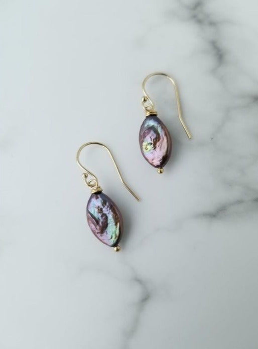 14k Gold Peacock Baroque Pearl Almendras Earrings