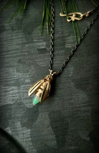 14k Gold and opal Firefly Necklace on antiqued Sterling Chain, 14k Clasp, ©Teresa de la Guardia, All Rights Reserved