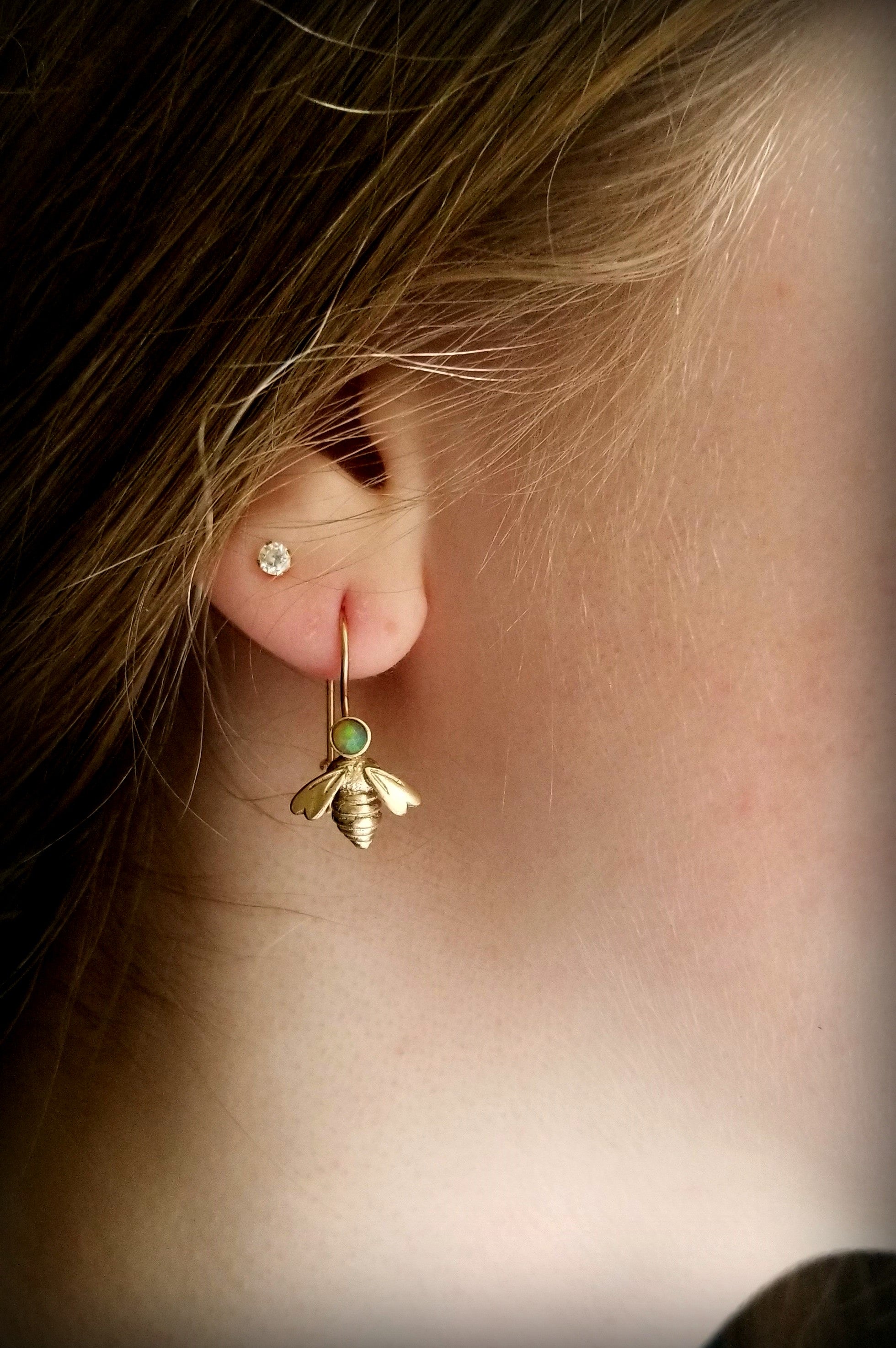 Gold Petite Queen Bee Earrings, 14k with Gemstones