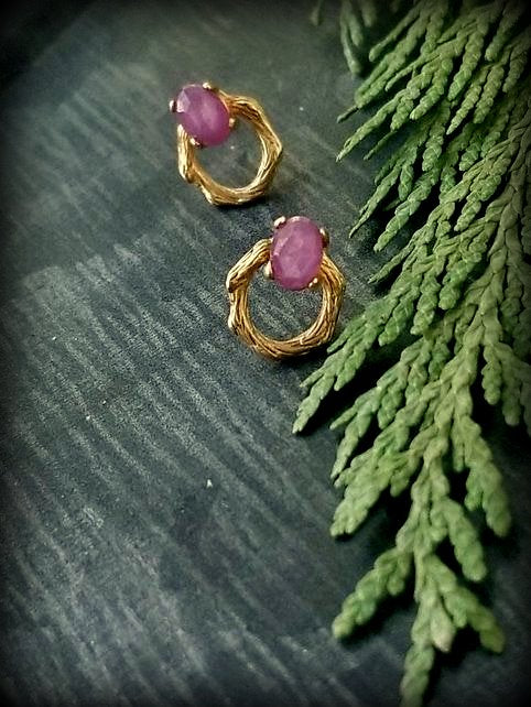 14k Gold and Rosecut Ruby Vine Post Earrings