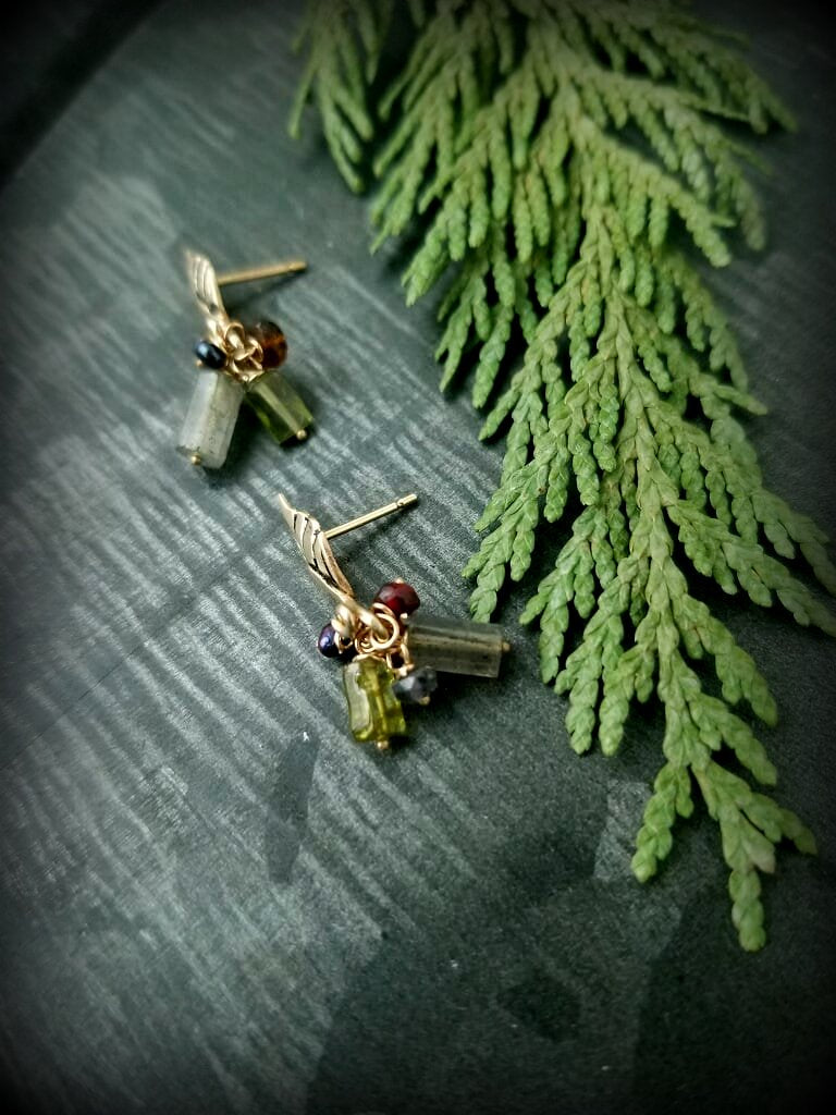 Petite Gold Leaves with Gemstone Cluster