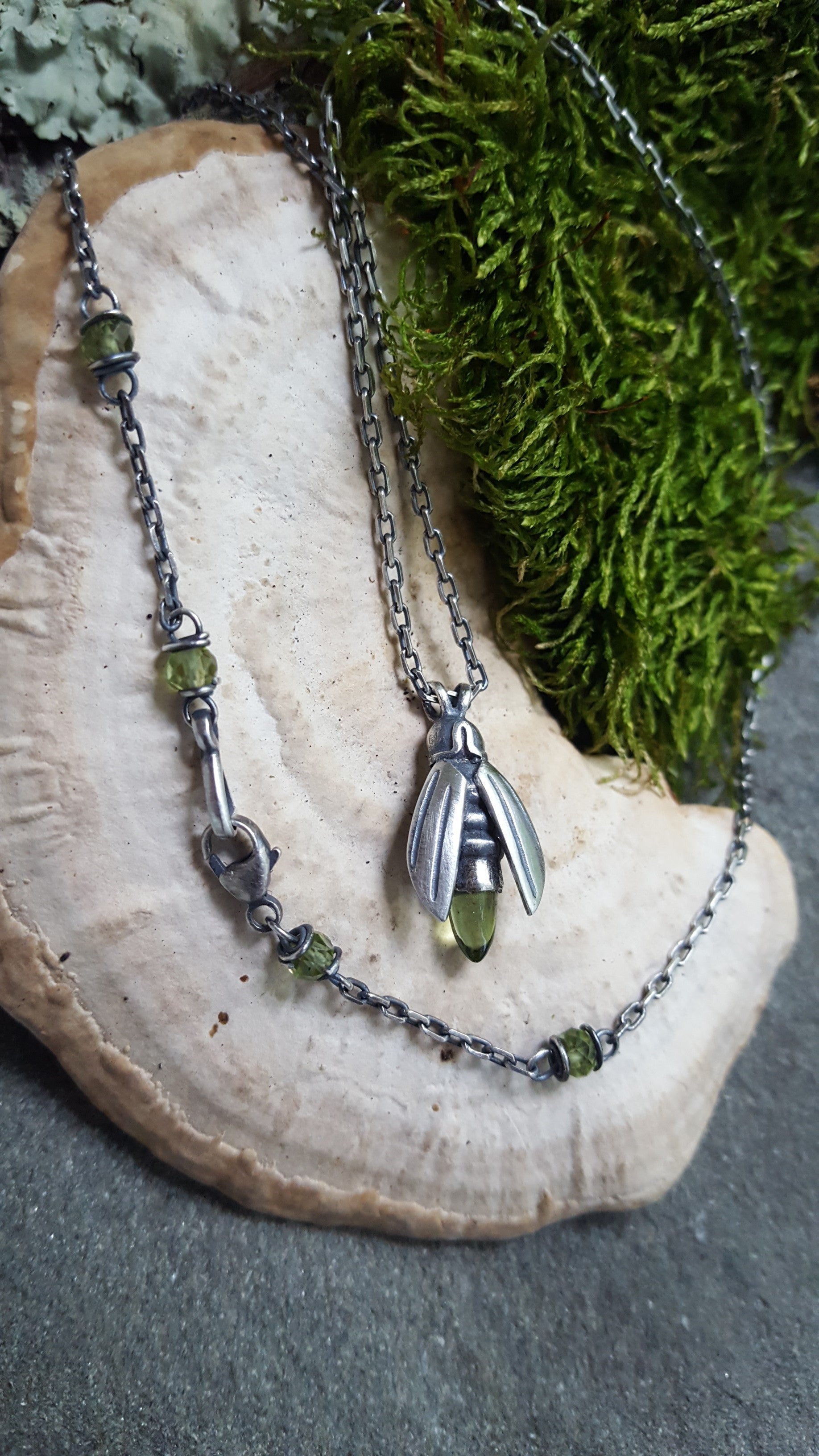 Sterling Silver Peridot Firefly on Beaded Chain Necklace
