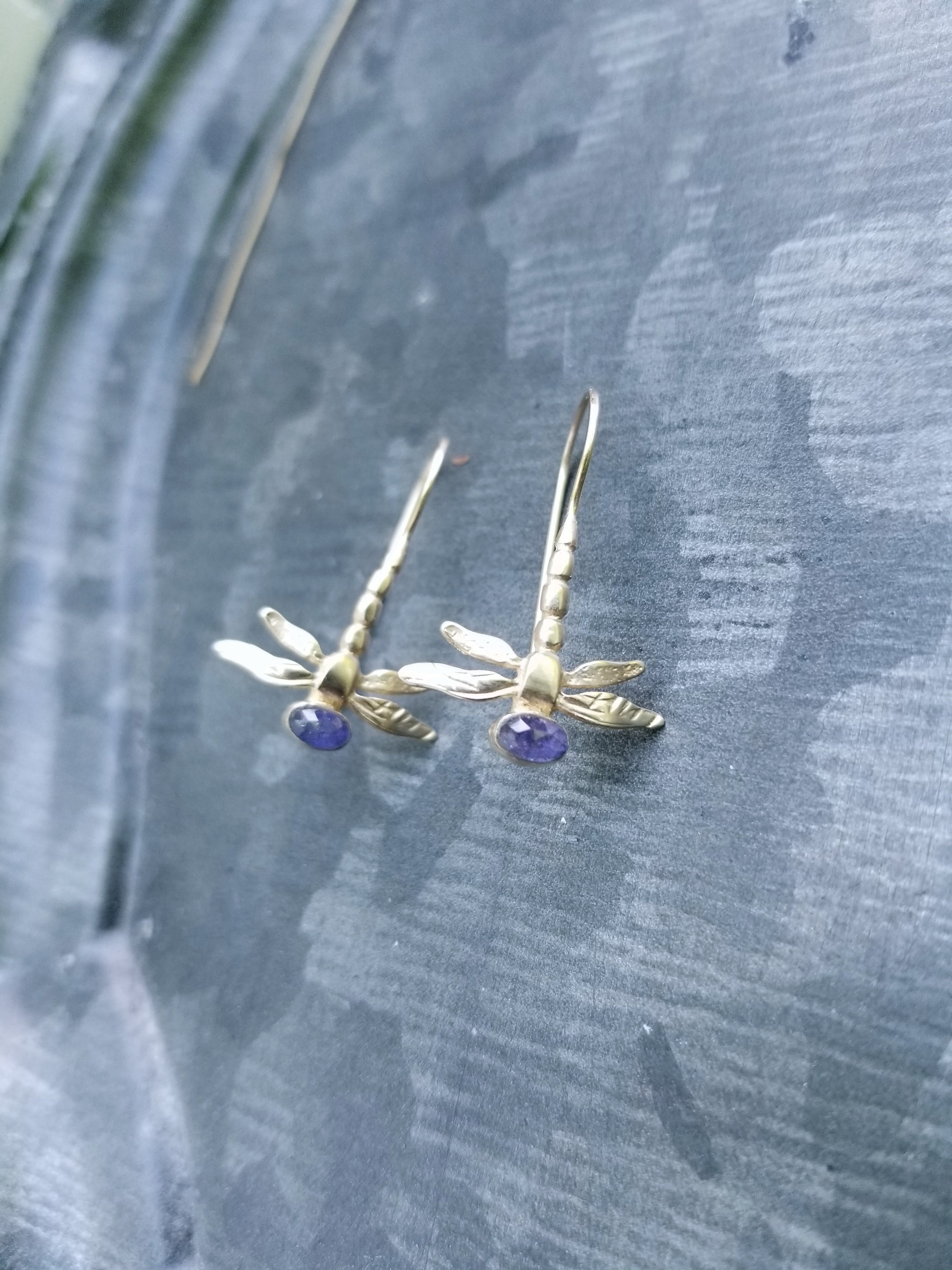 14k Gold Gemstone Dragonfly Earrings