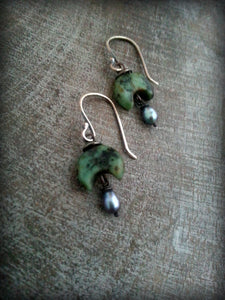 African Green Turquoise and Pearl Dangle Crescent Earrings