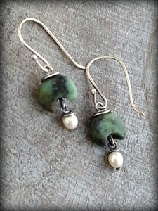 African Green Turquoise and Pearl Dangle Crescent Earrings