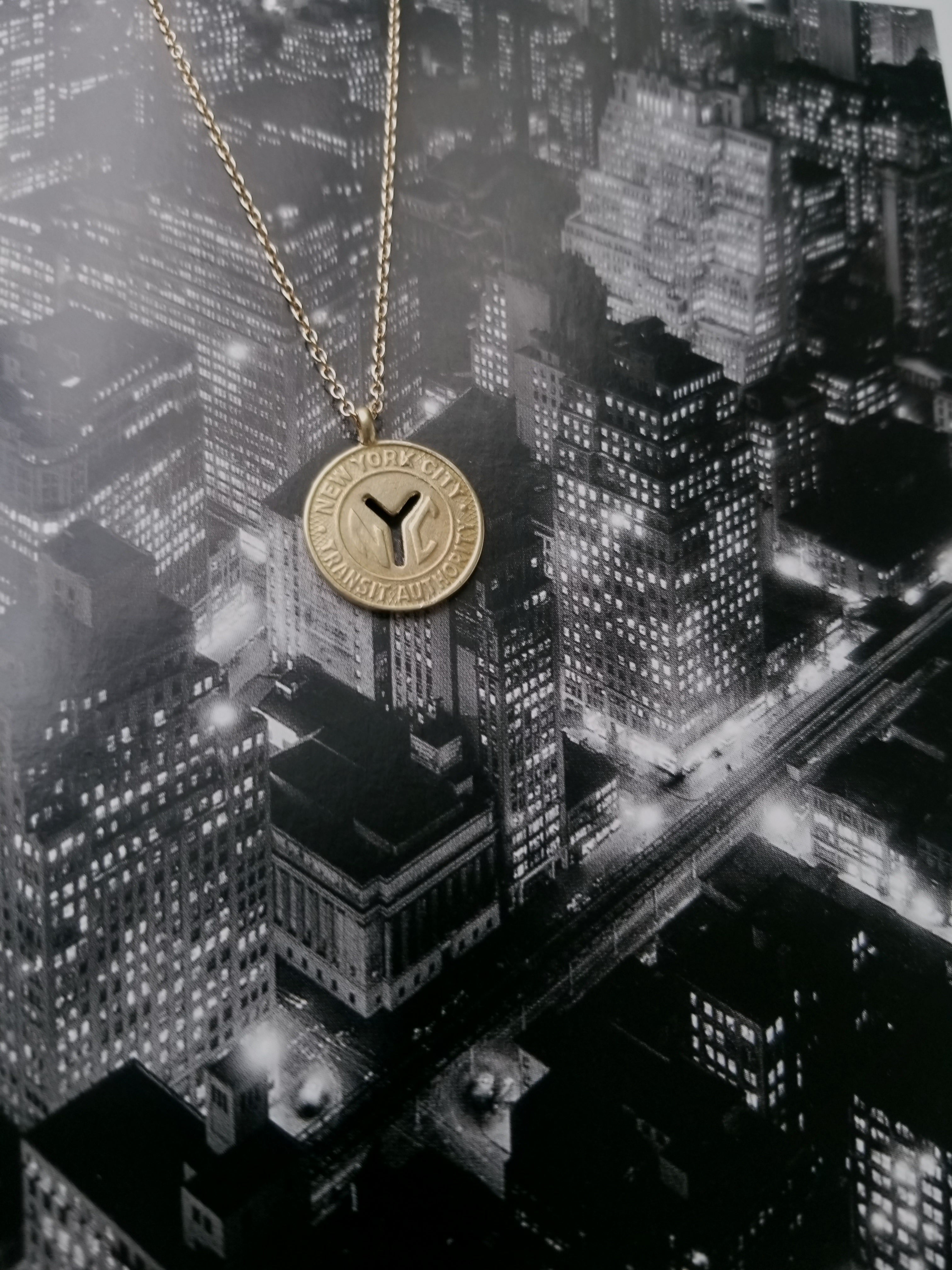 NYC Token Necklace, Sterling Silver or 14k Gold NYC Token