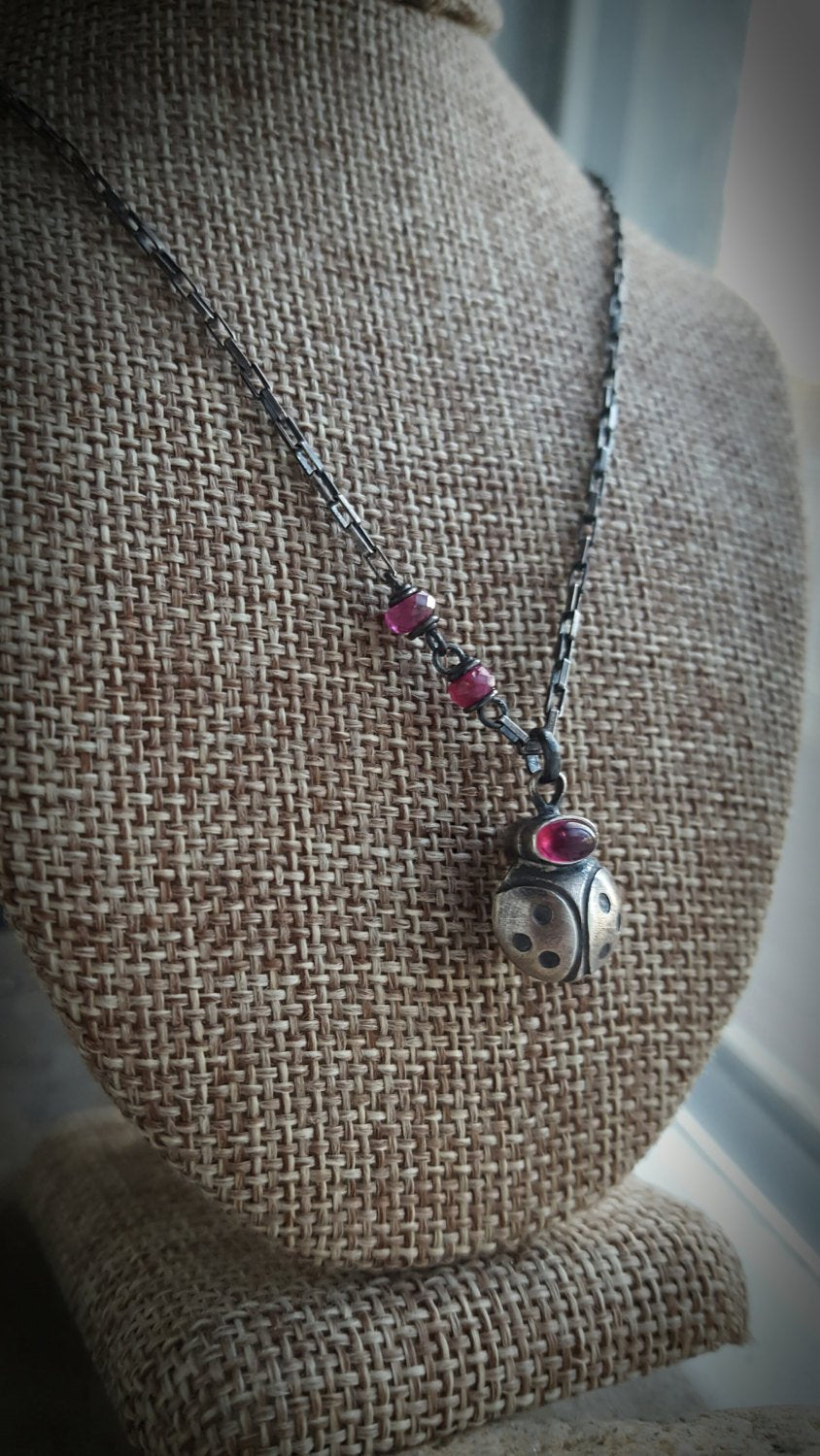 Ladybird Gemstone Charm Necklace, Sterling