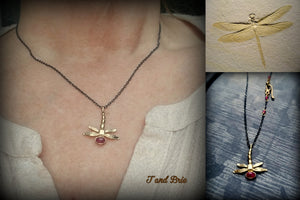Petite 14k Gold Dragonfly set with Ruby, on oxidized Sterling Chain, Gold clasp