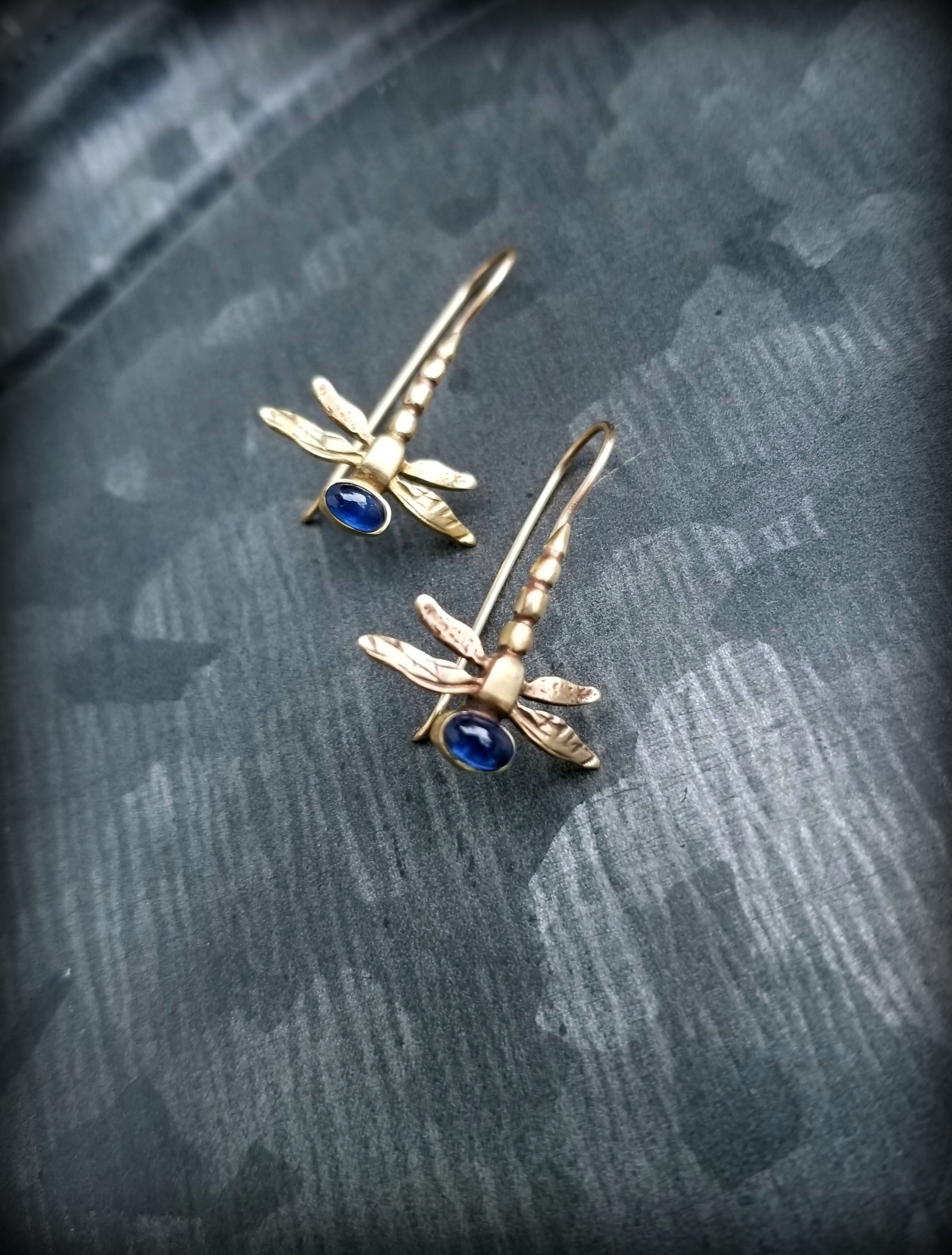 14k Gold Dragonfly Earrings set with Sapphire, Emerald or Ruby Cabochons