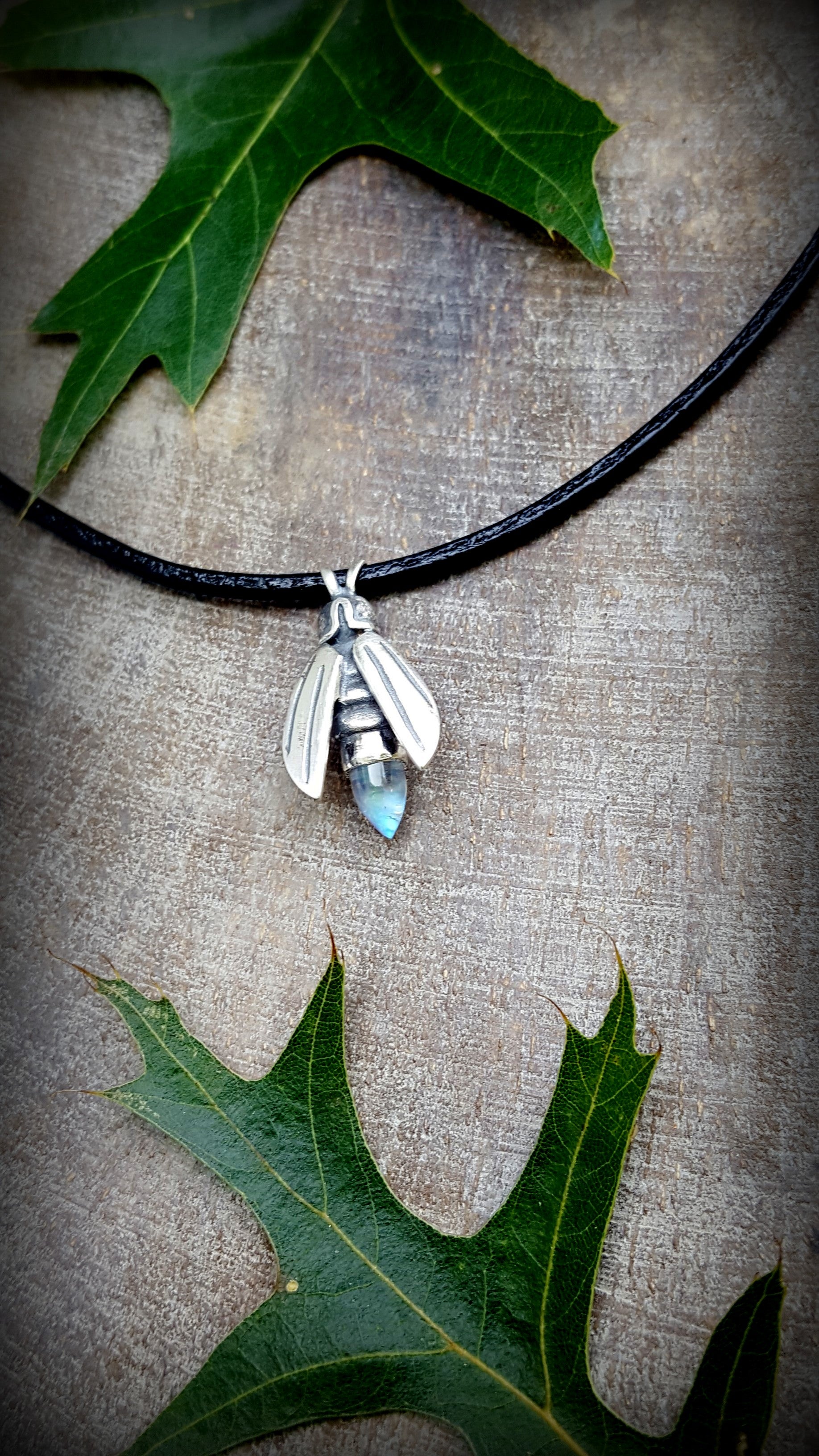 Sterling and Gemstone 'Blue Ghost' Firefly Amulet on Black Leather