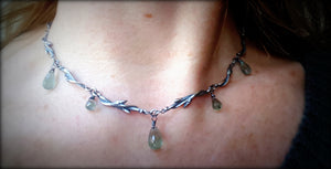Budding Branches Briollette Necklace, Sterling and Moss Aquamarine