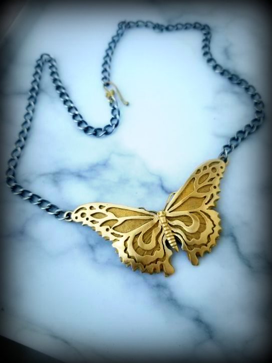 14k Gold Butterfly Necklace, on Sterling Curb Chain
