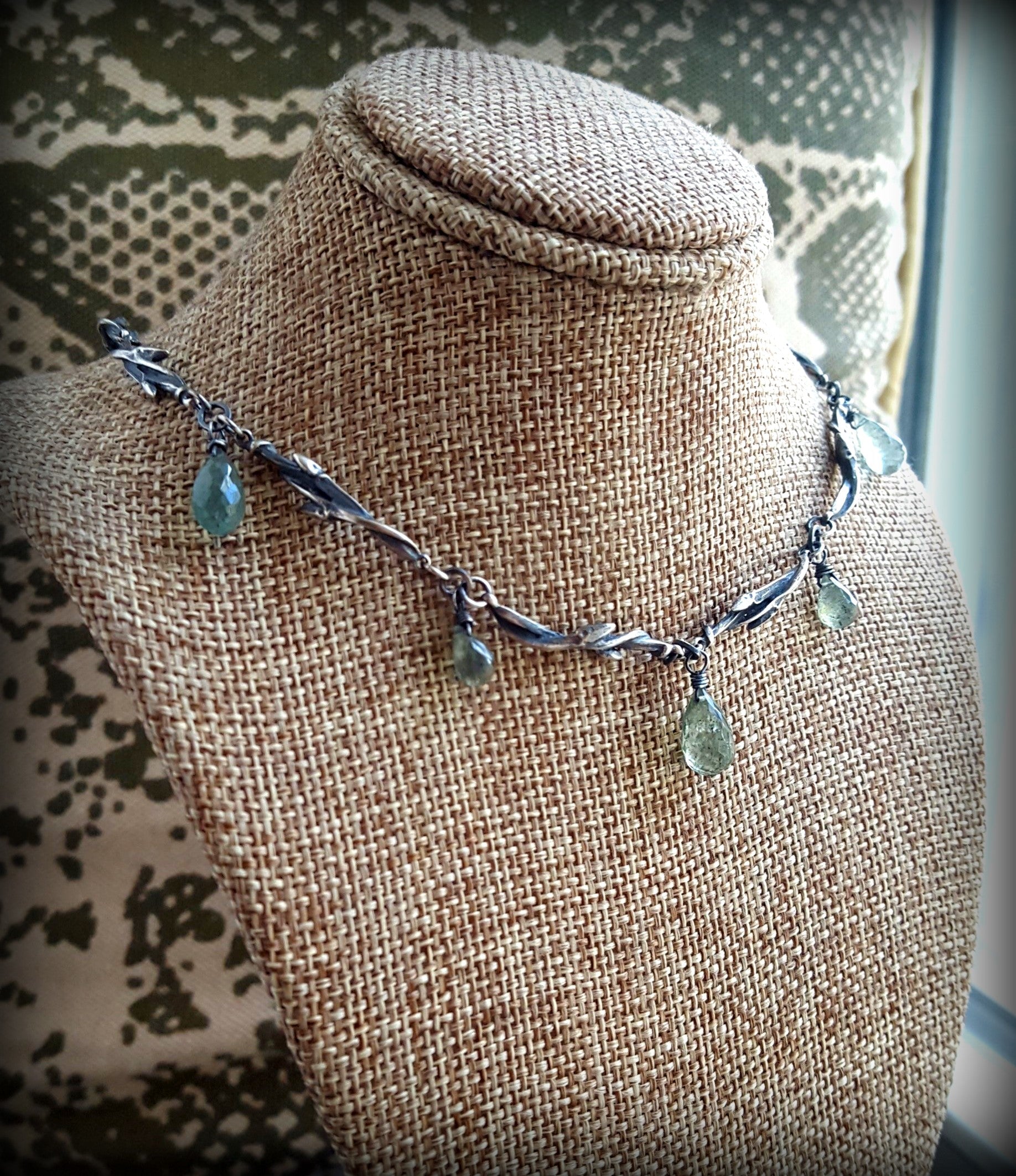 Budding Branches Briollette Necklace, Sterling and Moss Aquamarine