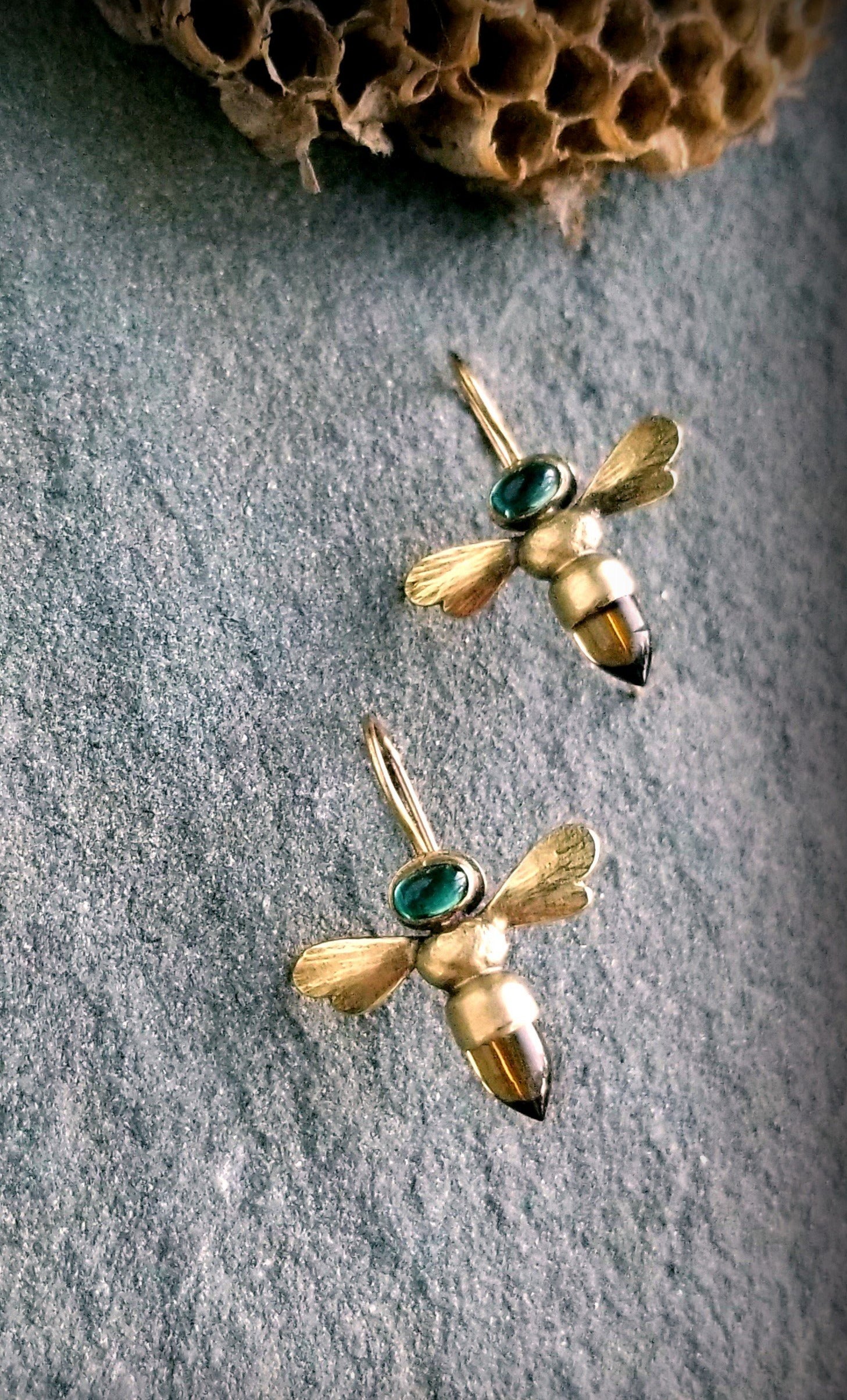 18k Honeybee earrings by Tand Brie.  Set with honey Citrine and Green Tourmaline, earwires.
