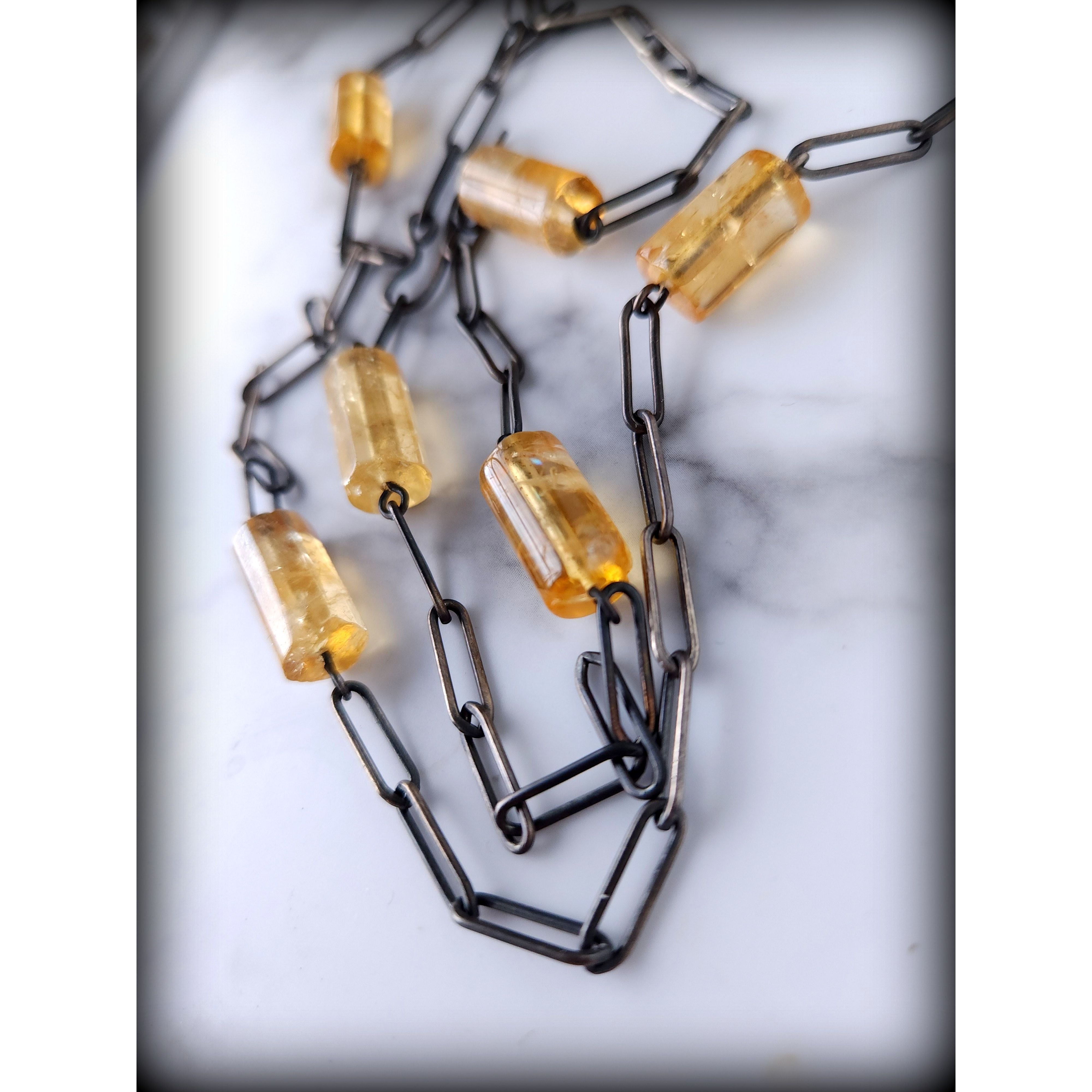 Citrine Cylinders Ox Sterling Long Paperclip Chain Necklace
