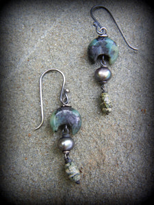 Forest Moss African Turquoise Crescent Earrings, Zebra Jasper and Grey Pearls