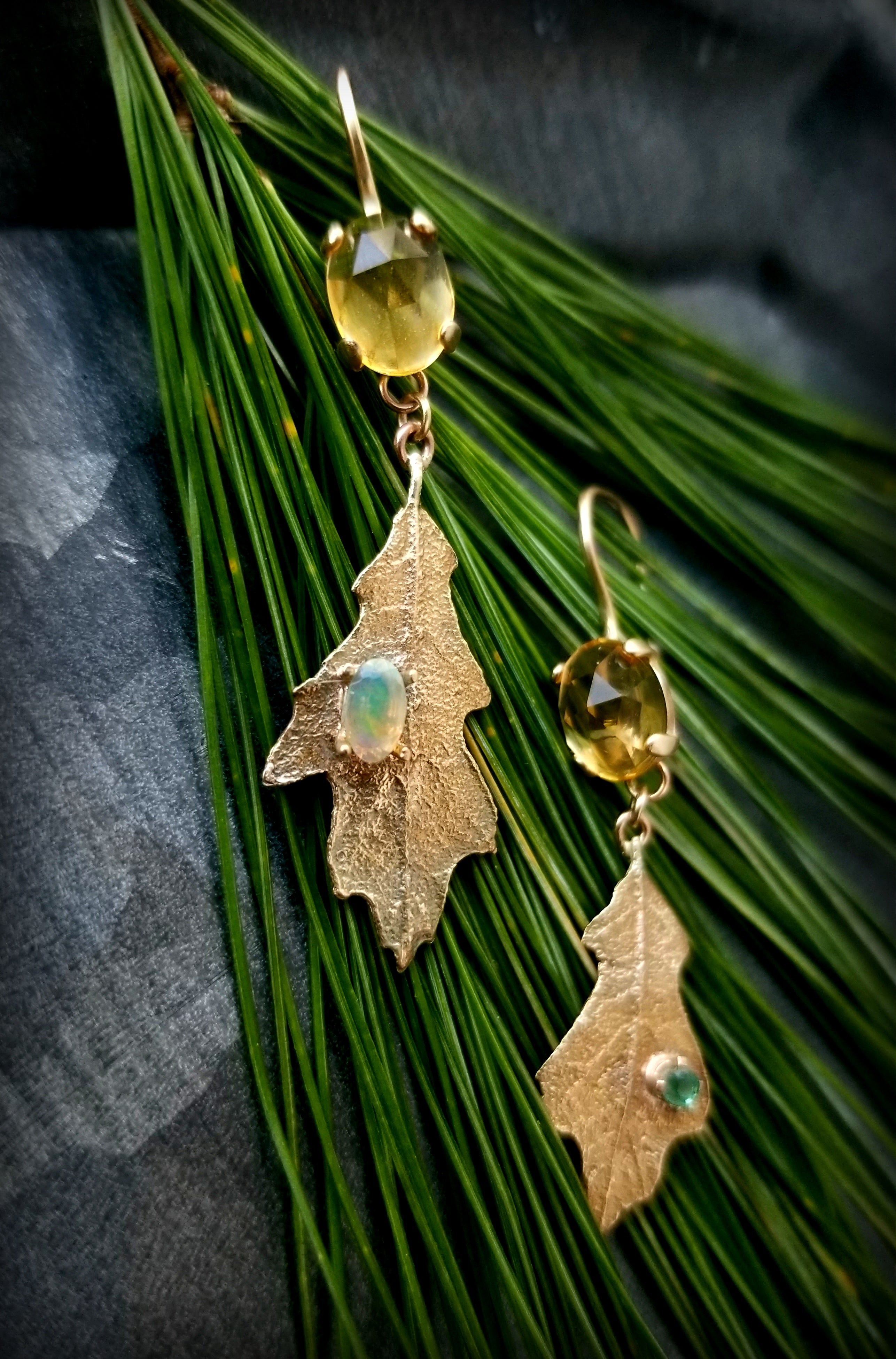 14k Golden Oak and Citrine Earrings with Gems, November Birthstone