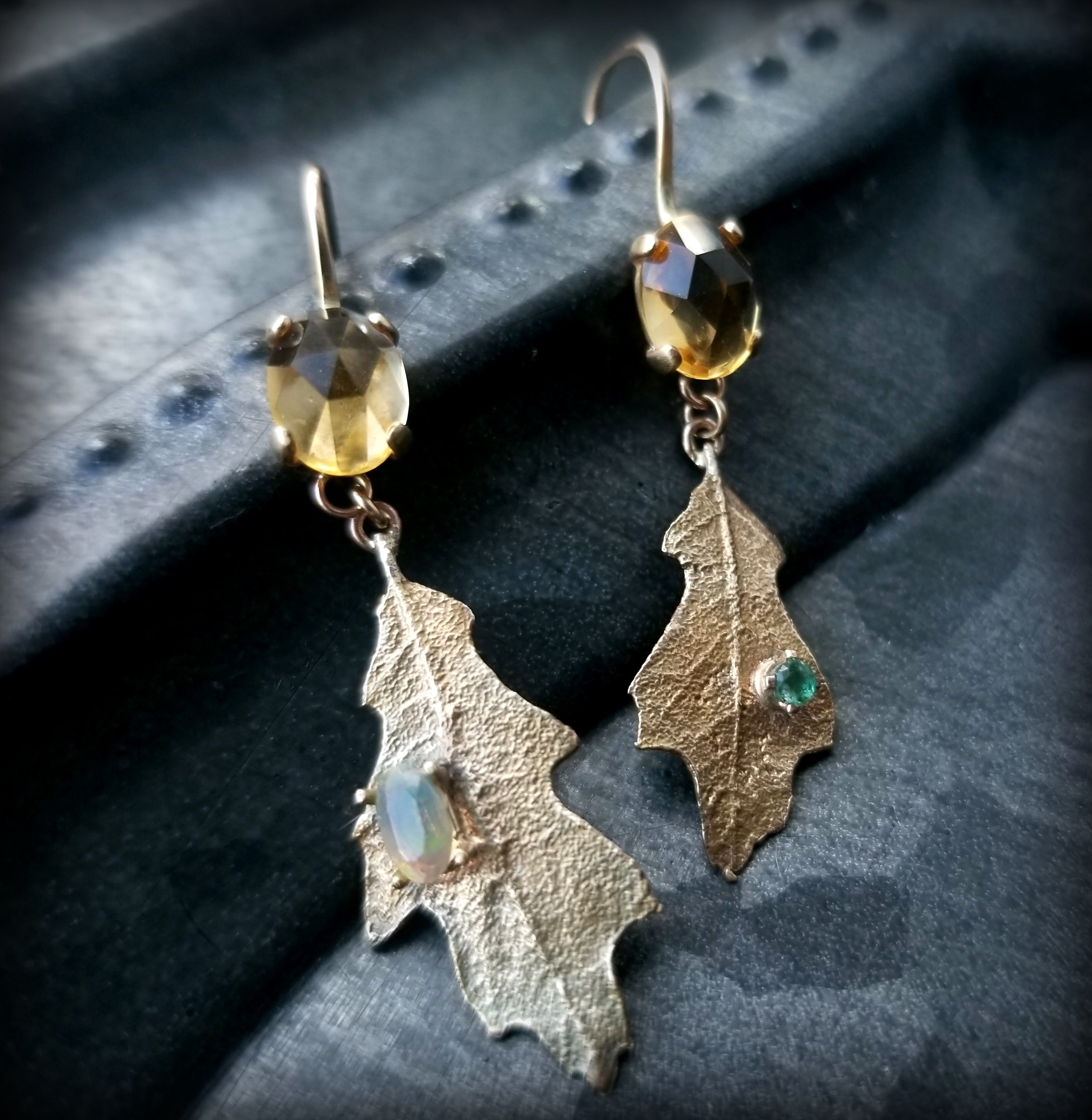 14k Golden Oak and Citrine Earrings with Gems, November Birthstone