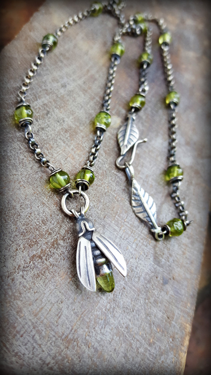 Peridot, in the Olivene class of gems set in T and Brie's Beaded Firefly Necklace, in Sterling ©Teresa de la Guardia, All Rights Reserved