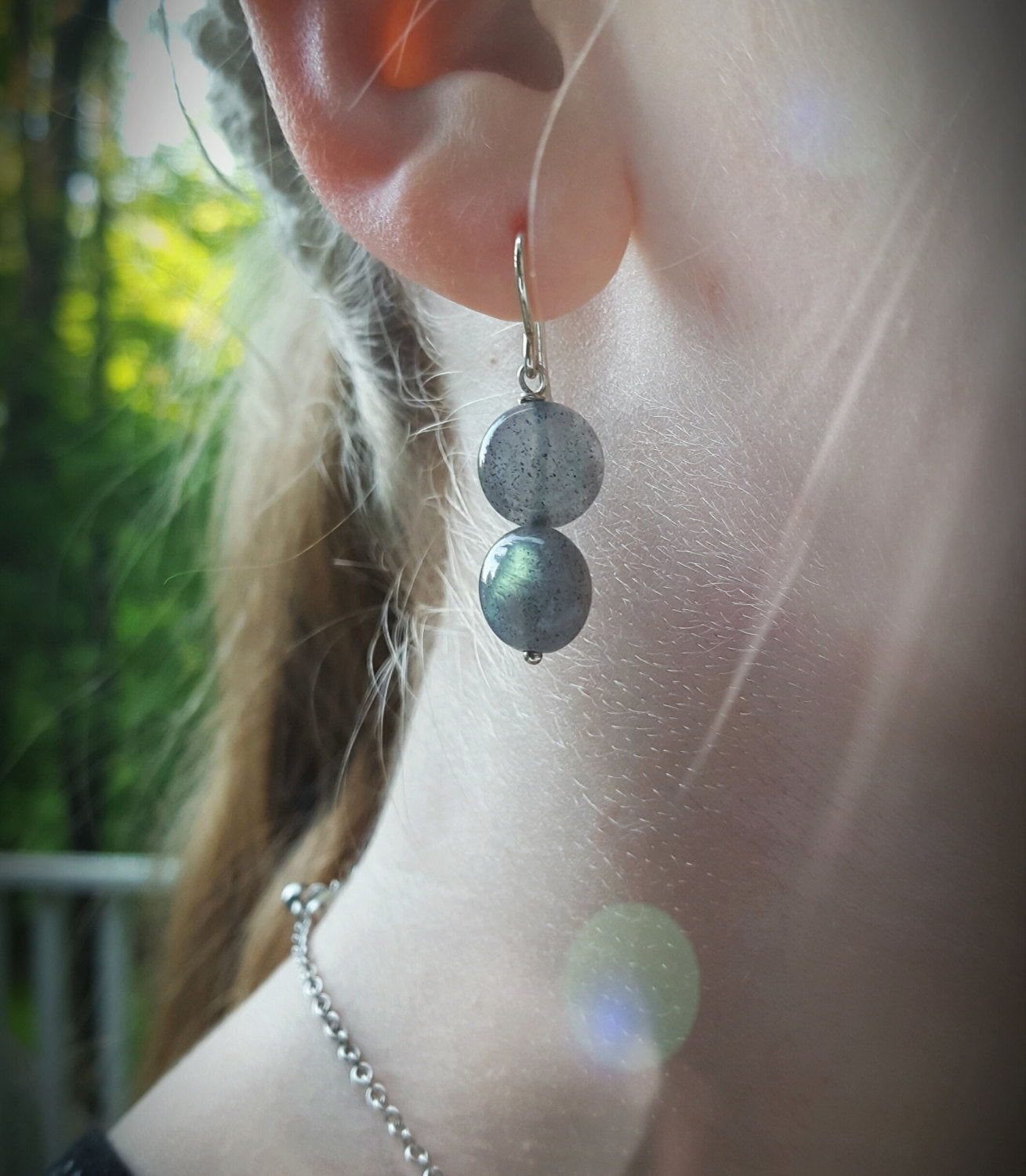 Labradorite Moonbeam Earrings, Smooth Iridescent Labradorite Beads Dangle on Sterling French Wires by Brie, Sleek, Minimalist, Everyday Glow