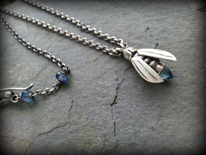 Sterling Blue Ghost Firefly, Beaded Chain Necklace
