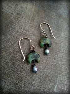Green African Turquoise and Grey Pearl Earrings, Forest Moss Crescent Earrings