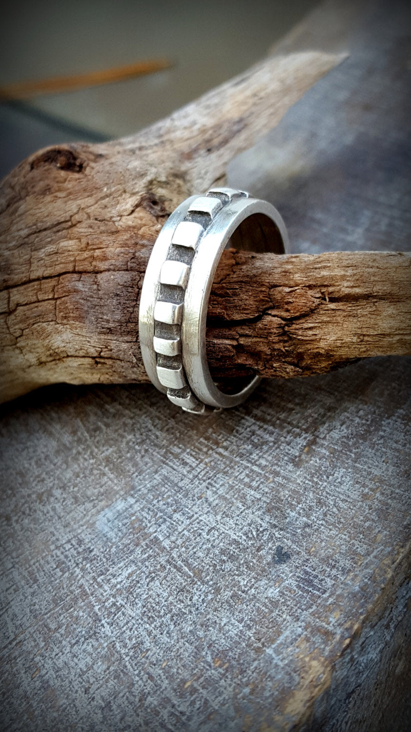 Gear Band Ring, size 8.5, Oxidized Sterling Ring