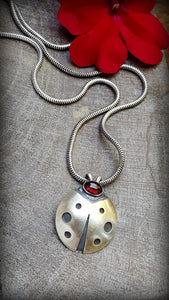 Large Sterling and Garnet Ladybug Amulet Necklace -  Good Luck Charm