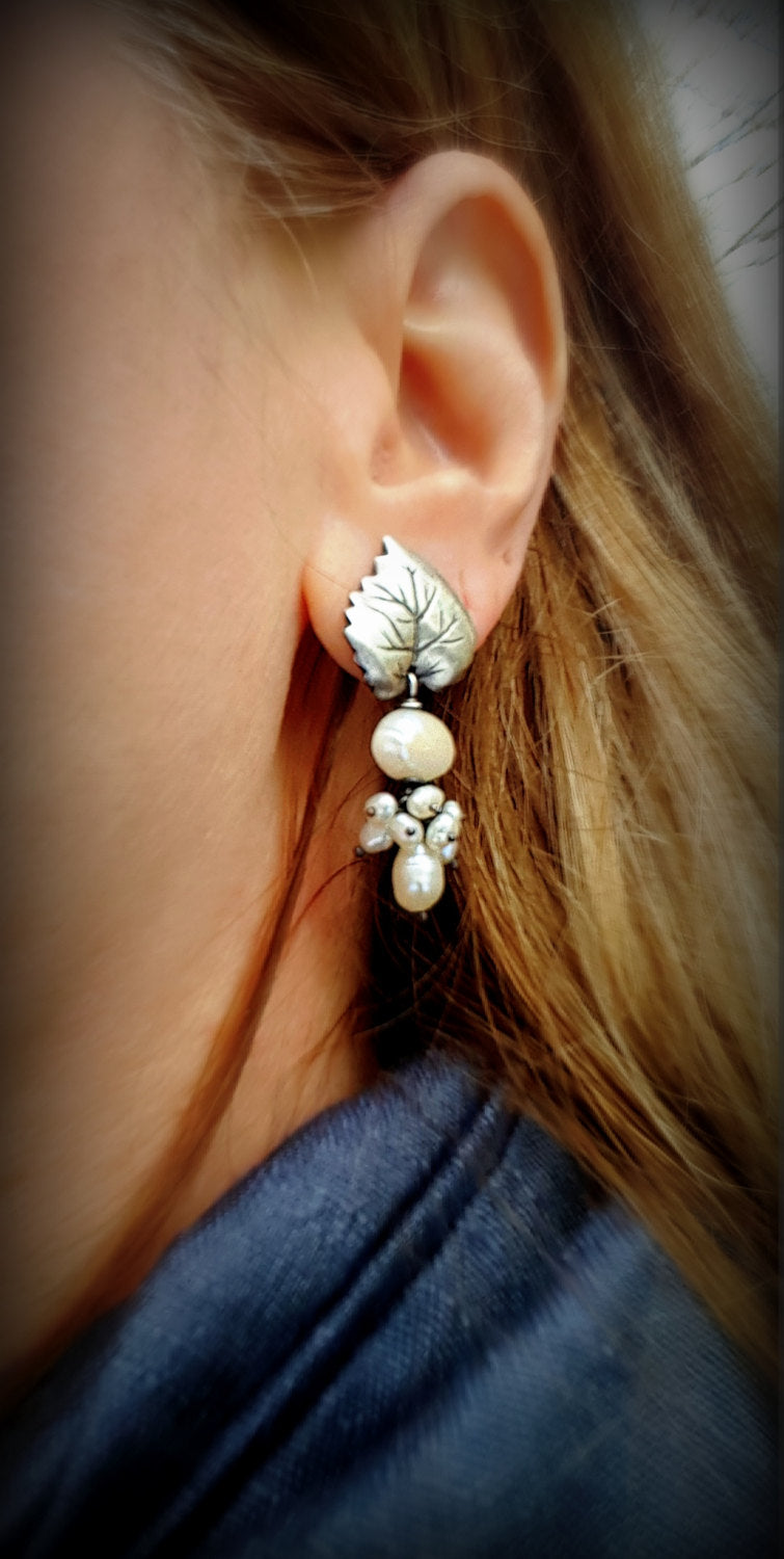 Sterling Ivy Leaf Cascade Earrings with Two Drops, Pearl Tassels