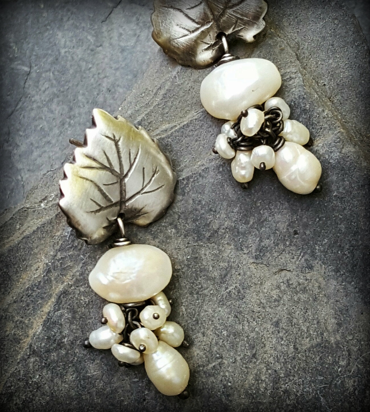 Sterling Ivy Leaf Cascade Earrings with Two Drops, Pearl Tassels