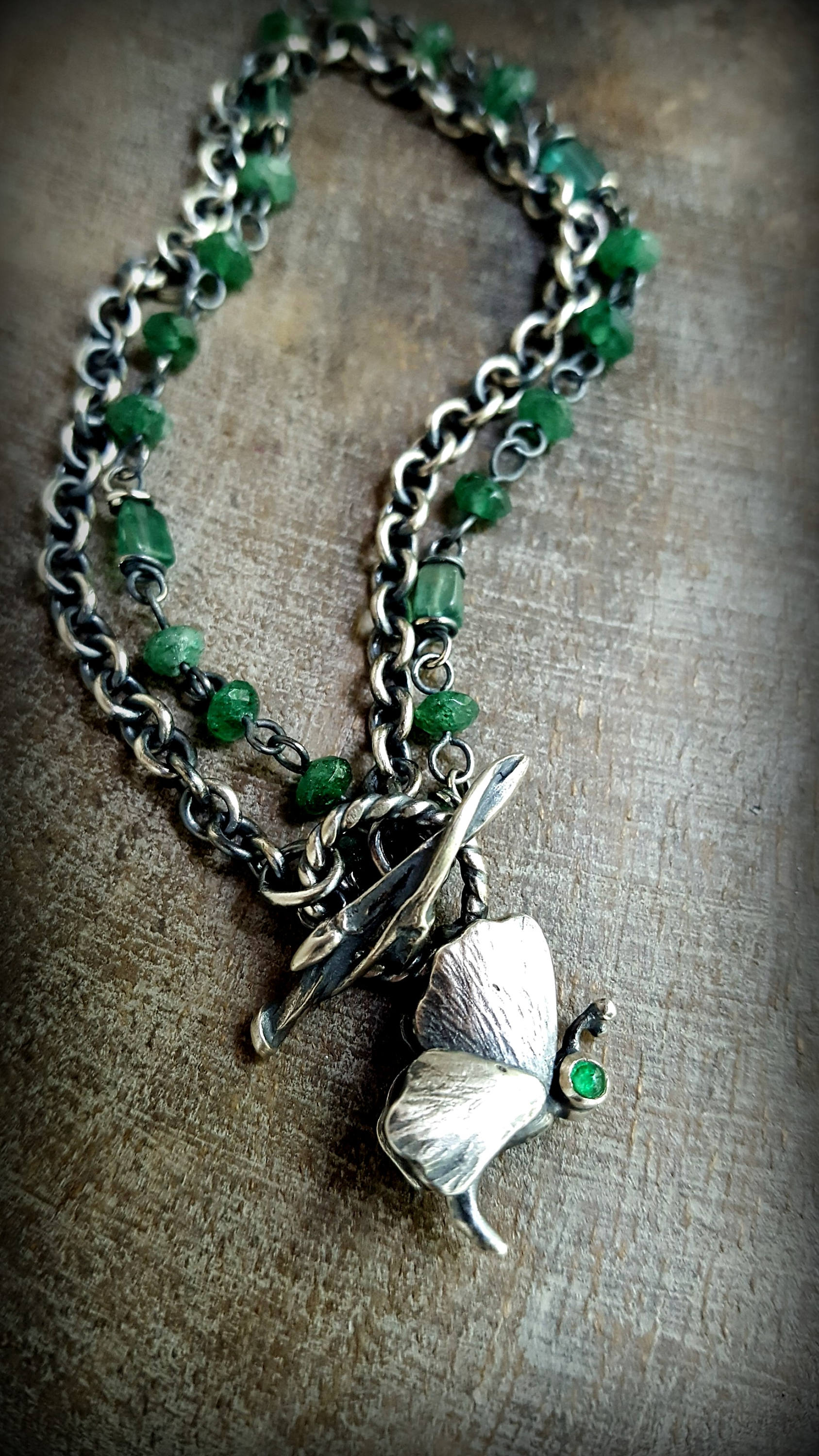 Emerald Eyed Moth Charm On Two Strand Bracelet, Sterling