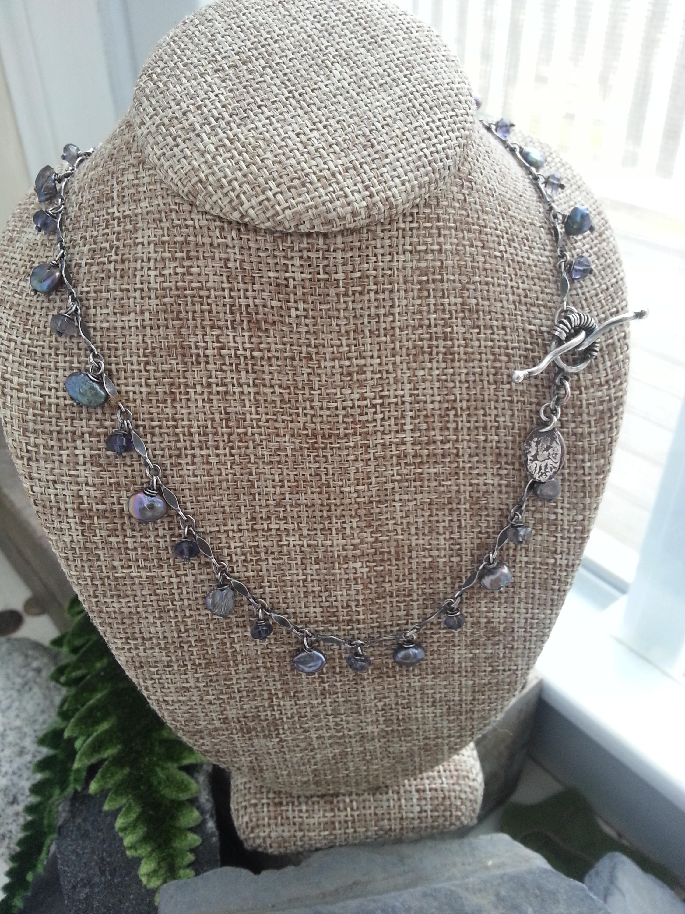 Silver Pebble Pearl Necklace:  Grey Freshwater Pearl Necklace with Gemstone Beads