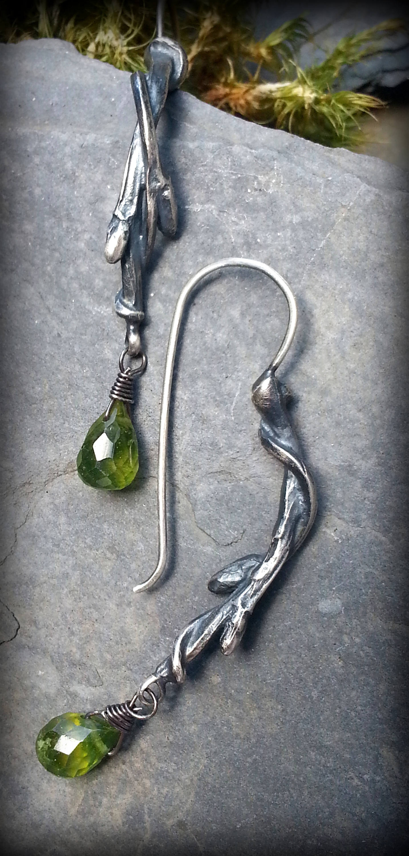 Large Silver Branch Earrings with Briolette Drops