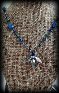 Blue Orchard Bee Beaded Sterling Necklace