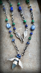 Blue Orchard Bee Beaded Sterling Necklace